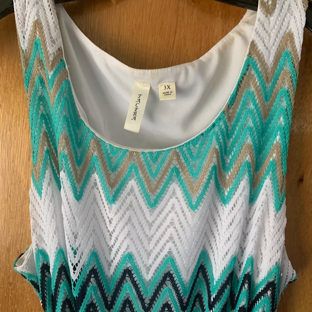 Floor length summer dress and crocheted sweater wrap.